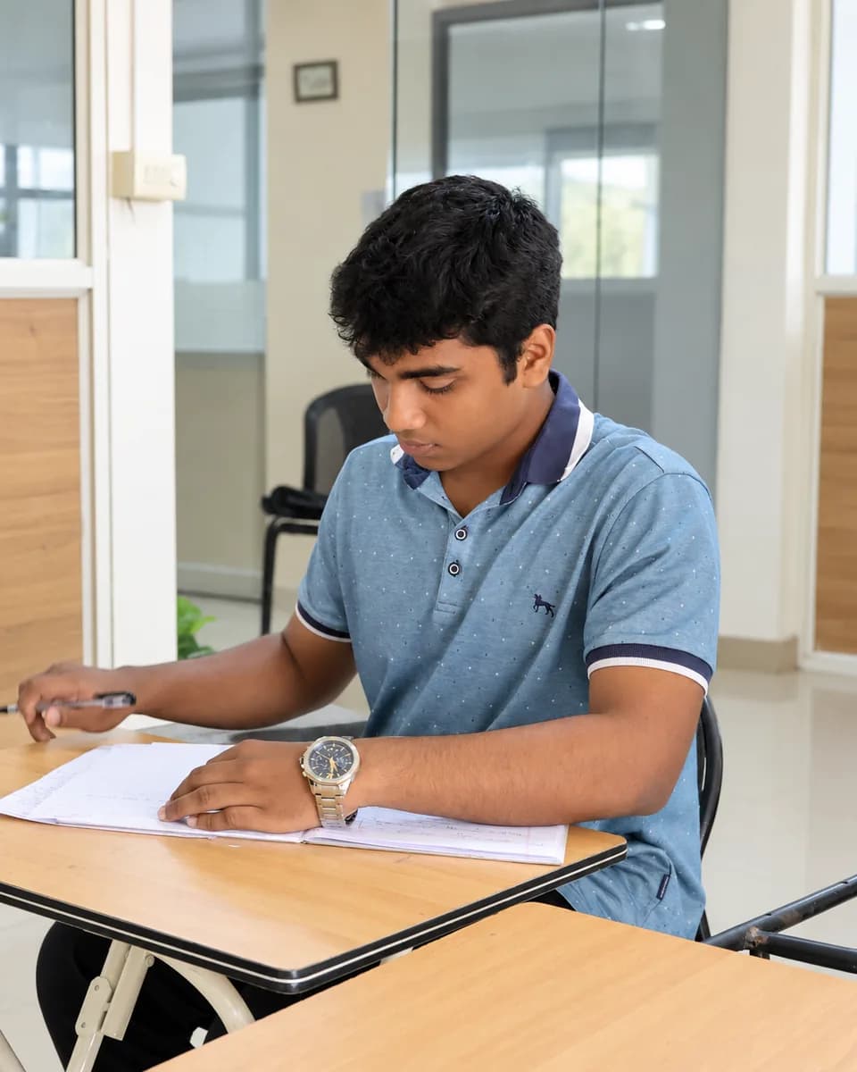 Student writing at a classroom desk